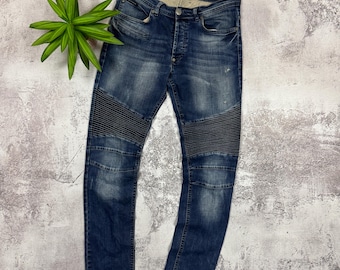 Philipp Plein Vintage Distressed Biker Jeans, Blue Stretch Denim Skull Embroidery Moto Pants, Y2K Designer Mens W34