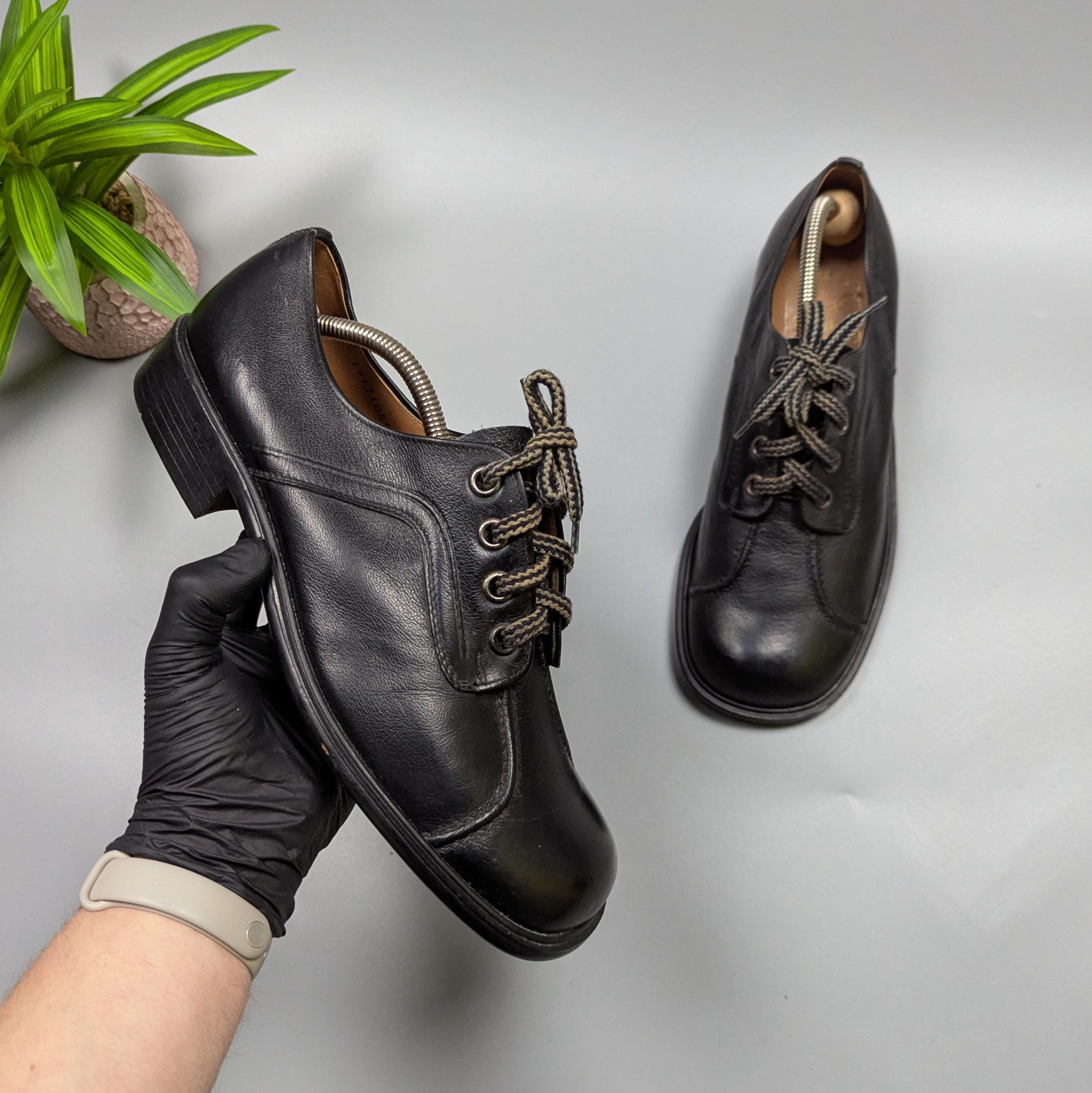 Vintage Gallus 70s-80s Black Leather Lace-up Oxfords – Chunky Wide 
