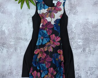 Vintage Joseph Ribkoff Floral Midi Dress Black Pink Sleeveless A-Line Swing Dress US 10 Made in Bulgaria