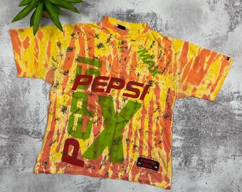 Vintage Pepsi Max T Shirt Mens M L Orange Yellow Tie Dye Graphic 90s Y2K Streetwear Rave Oversized Logo Soda Advertising Tee Rare