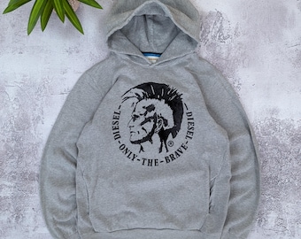 Vintage Diesel Only The Brave Hoodie Gray Big Logo Sweatshirt Y2K Streetwear Cotton Size S