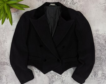 Laura Ashley Vintage Black Cropped Wool Blazer Jacket Made in Great Britain Avant Garde Womens EUR 40 US10