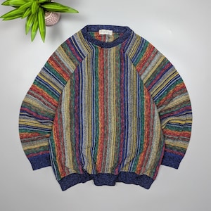 Tiziano VTG Coogi Style Knit Sweater Men&#39;s L, Textured Grunge Cotton Traders Pullover, 90s Retro Streetwear,Bold Colorful Knit,Retro Sweater