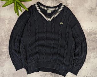 Klasyczny sweter sportowy Lacoste Cable Knit w kolorze granatowym z dekoltem w serek, bawełniany, tenisowy, w stylu preppy, rozmiar oversize 8, Francja