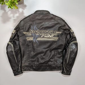 Vintage Men&#39;s Leather Heavyweight Motorcycle Biker Jacket With Big Logo Size XL Classic Motorcycle Style, Retro 90s Outerwear, Rare Find