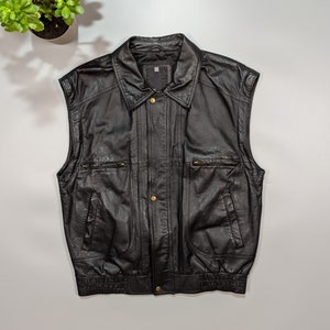 Vintage Black Leather Vest, 90s Zipper Waistcoat Size Large Vintage Black Leather Vest, 90s Zipper Waistcoat Size Large