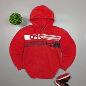 Oakley Vintage Mens Red Full Zip Hoodie with Skater Graphic Logo Size L,Hooded Sweatshirt,Y2K Streetwear,Rare Retro Style,Technical Spellout