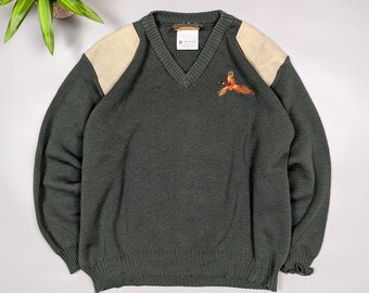 Vintage Niffi Green Wool Sweater Leather Patches Men's Size L Country Jumper