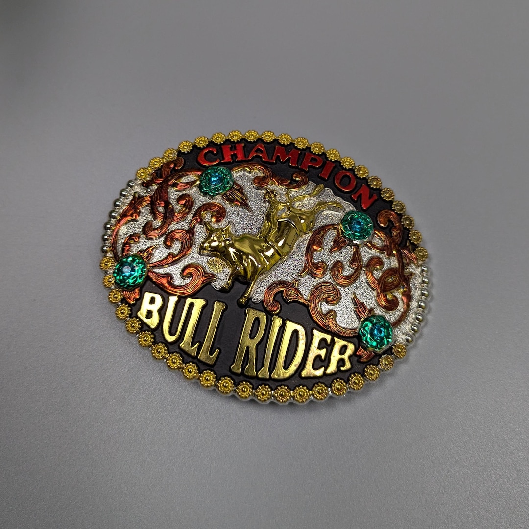 Vintage Style Bull Rider Champion Belt Buckle Large Oval Red Gold Green ...