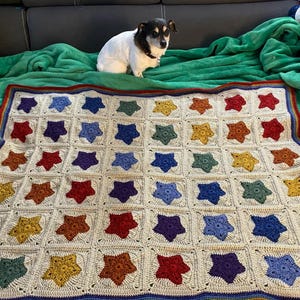 May include: A handmade crochet blanket featuring a repeating star pattern in various colors, including red, blue, yellow, and green. The blanket is bordered with a rainbow trim and is displayed on a green blanket. A small dog is sitting on the green blanket.