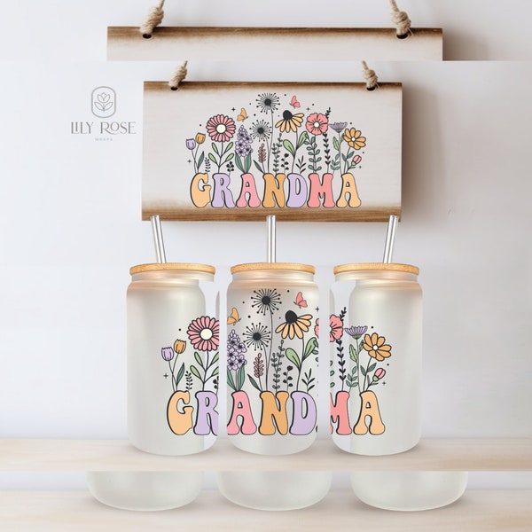 Grandma Floral with Bugs UVDTF 16 oz Glass Can Wrap Sublimation Design Digital Download png Instant DIGITAL ONLY, Spring Glass Jar Wrap