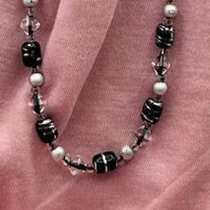 Black & Silver Beaded Necklace: Faceted Crystal Accent, 21.5in