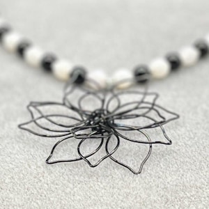 Black Flower Necklace: Glossy Glass & Crackle Beads, Silver Chain