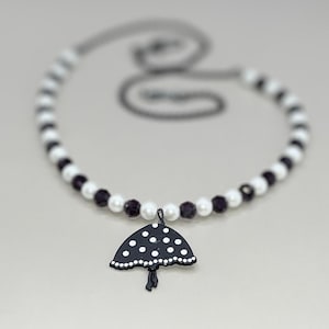 White Pearl and Black Crystal Necklace: Hand-Painted Focal