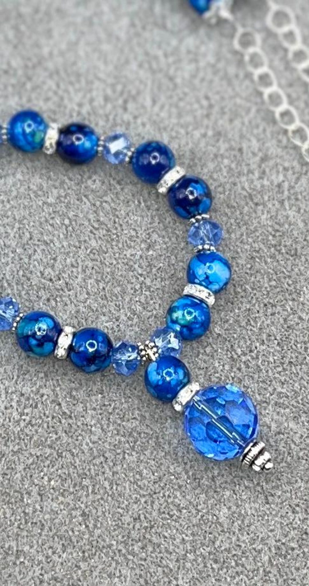 Deep Sea Blue Glass, Blue Glass Rondelles, Rhinestone and Silver Alloy ...