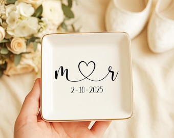 Personalized Jewelry Dish – Custom Ring Dish for Engagement, Wedding or Graduation – White Ceramic Ring Holder – Bridal Shower Keepsake