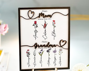 Nana Gift Personalized Flower Birth Month Garden Wooden Sign Frame, Mother Day Gift, First Mom Now Grandma Gift, Mom Gift, Mom Birthday Gift