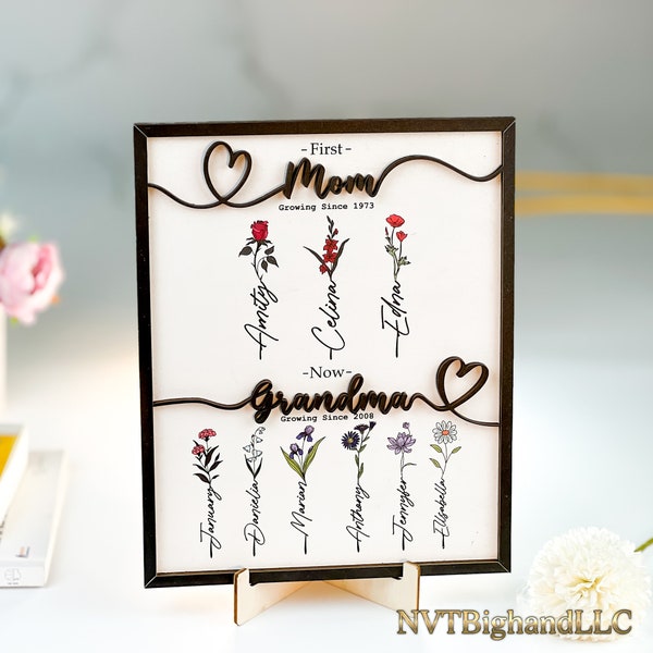 Nana Gift Personalized Flower Birth Month Garden Wooden Sign Frame, Mother Day Gift, First Mom Now Grandma Gift, Mom Gift, Mom Birthday Gift