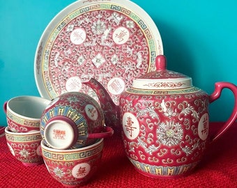 Schönes antikes traditionelles chinesisches Mun Shou Red Famillie Rose Longevity Jingdezhen-Teeset für vier Personen