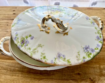 Antique CH Field Haviland Limoges Purple Floral Gilded Tureen, Manufactured for T. Easton Co., GDA France, circa 1905-15