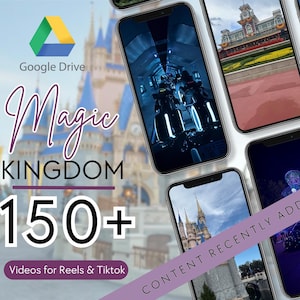 Może przedstawiać: Cyfrowa kolekcja ponad 150 filmów do Reels i TikTok przechowywana na Dysku Google. Grafika promocyjna przedstawia wiele ekranów smartfonów wyświetlających różne sceny z parku rozrywki, w tym zamek oraz nagrania z przejażdżek.
