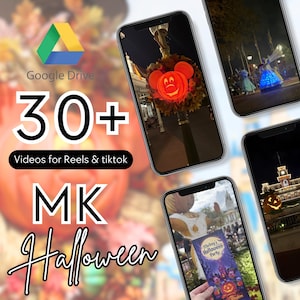 May include: Image featuring a Google Drive logo and the text "30+ Videos for Reels & tiktok". The image also includes four smartphone screens displaying Halloween-themed scenes, including a Mickey Mouse pumpkin decoration and a party flyer.