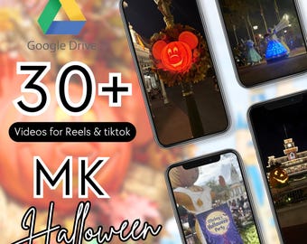 Puede incluir: Imagen con el logo de Google Drive y el texto "30+ Videos para Reels & tiktok". Cuatro pantallas de smartphone muestran escenas de Halloween, incluyendo una decoración de calabaza de Mickey Mouse y un folleto de fiesta, con el texto "MK Halloween".