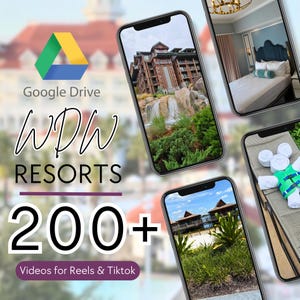 May include: A promotional image for WDW Resorts, featuring four smartphones displaying resort scenes. The image includes the Google Drive logo, the text "WDW Resorts," and "200+ Videos for Reels & Tiktok."