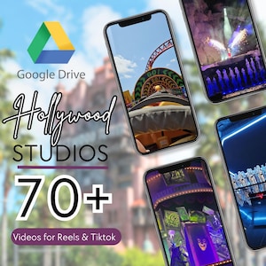 Może przedstawiać: Obraz z logo Google Drive i napisami "Hollywood Studios", "70+" oraz "Videos for Reels & Tiktok". Kilka smartfonów wyświetla sceny z parku rozrywki, w tym kolejkę górską i fajerwerki.