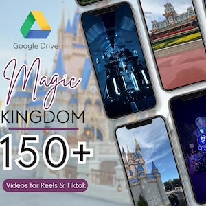 May include: A digital collection of 150+ videos for Reels and TikTok stored in Google Drive. The graphic features smartphones displaying various theme park scenes, including a castle, a night parade, and a ride, set against a blurred castle background.
