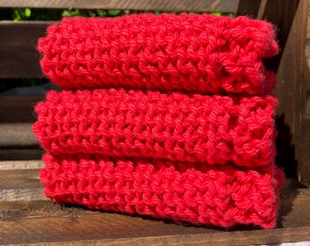 Handmade Knitted Cotton Dishcloth: Durable Wash Cloth [Red]