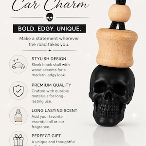 May include: A black skull car charm featuring a matte black skull base topped with a light-colored wooden bead and a larger wooden spool-shaped component, all suspended from a black cord. The text reads BLACK SKULL Car Charm, BOLD. EDGY. UNIQUE., Make a statement wherever the road takes you., STYLISH DESIGN, PREMIUM QUALITY, LONG LASTING SCENT, PERFECT GIFT, Drive Bold. Live Bold., RIDE IN STYLE STAND OUT.