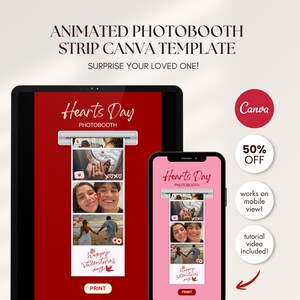 Op de afbeelding: Een digitale sjabloon voor een geanimeerde fotostrook, weergegeven op een tablet en een smartphone. Het ontwerp heeft een rode achtergrond met de tekst "Hearts Day Photobooth" en voorbeeldfoto's. Inclusief een "50% OFF" promotie.
