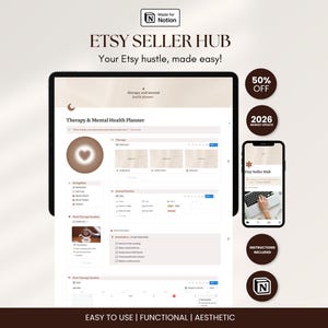 Etsy Seller Hub Notion Vorlage Digitaler Shop-Planer Kleinunternehmens-Organizer für Produktlisten, Verkaufs-Tracker, Finanztools & Branding