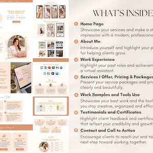 Puede incluir: Dise&ntilde;o web que muestra los servicios de una asistente virtual, con secciones para la p&aacute;gina de inicio, sobre m&iacute;, experiencia laboral, servicios, ejemplos, testimonios e informaci&oacute;n de contacto. El dise&ntilde;o utiliza una paleta de colores neutros con im&aacute;genes y texto.