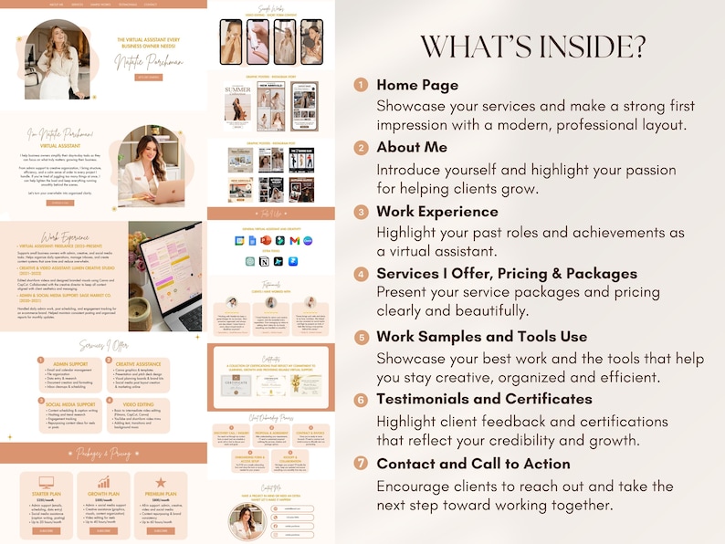 Puede incluir: Dise&ntilde;o web que muestra los servicios de una asistente virtual, con secciones para la p&aacute;gina de inicio, sobre m&iacute;, experiencia laboral, servicios, ejemplos, testimonios e informaci&oacute;n de contacto. El dise&ntilde;o utiliza una paleta de colores neutros con im&aacute;genes y texto.
