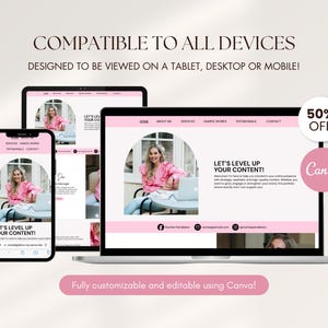 May include: A digital marketing template displayed on a laptop, tablet, and smartphone. The design features a pink and white color scheme with the text "LET'S LEVEL UP YOUR CONTENT!" and "50% OFF Canva". The template is fully customizable.