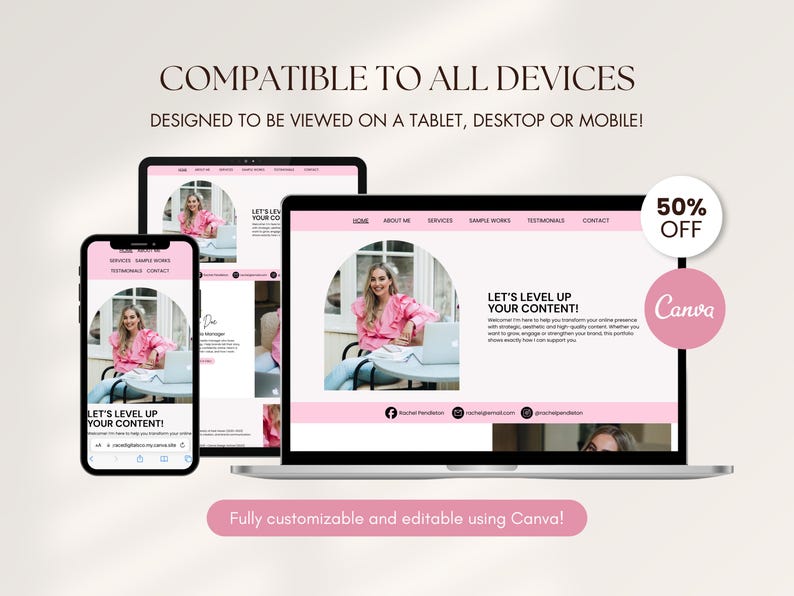 May include: A digital marketing template displayed on a laptop, tablet, and smartphone. The design features a pink and white color scheme with the text "LET'S LEVEL UP YOUR CONTENT!" and "50% OFF Canva". The template is fully customizable.