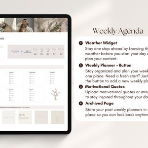 May include: A digital weekly agenda displayed on a tablet. The screen shows a planner interface with weather information, a weekly planner, motivational quotes, and an archived page. The text "Weekly Agenda" is visible.