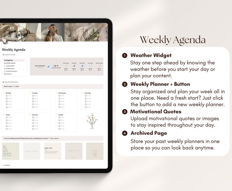 May include: A digital weekly agenda displayed on a tablet. The screen shows a planner interface with weather information, a weekly planner, motivational quotes, and an archived page. The text "Weekly Agenda" is visible.