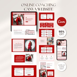 May include: A digital mockup showcasing a website design for online coaching, created with Canva. The design features a red and white color scheme, displayed on a tablet and smartphone, with the text "ONLINE COACHING CANVA WEBSITE".