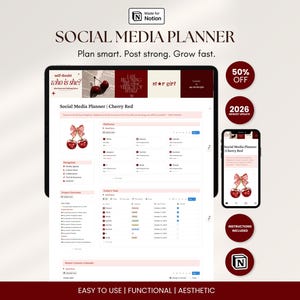 Plantilla de Notion para planificador de redes sociales estético para creadores de contenido digital y gestores de redes sociales. Calendario de contenido para marketing.