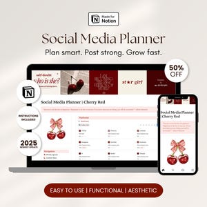 Könnte beinhalten: Ein digitaler Social-Media-Planer, der auf einem Laptop und Smartphone angezeigt wird. Der Planer hat ein kirschrotes Thema mit einer Kirschgrafik. Der Text enthält "Social Media Planner", "Plan smart. Post strong. Grow fast."