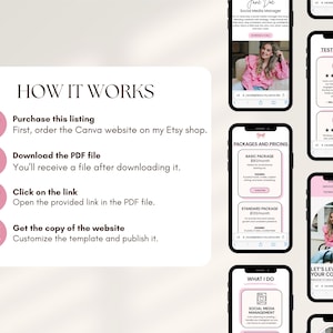 May include: A digital marketing template displayed on several smartphones. The screens showcase website design elements, testimonials, and pricing packages. The image also includes a pink and white graphic explaining the website purchase process.