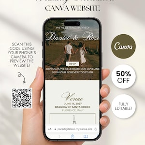 May include: A smartphone screen displaying a wedding invitation website template with the text Daniel & Rose, featuring a photo of a couple walking on a path, venue details for Basilica of Santa Croce in Florence, Italy, and a QR code for previewing.