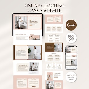 May include: A digital marketing website design displayed on a tablet, phone, and laptop. The website features a light brown and white color scheme with the text "ONLINE COACHING CANVA WEBSITE". A "50% OFF" badge and a "Canva" logo are also visible.