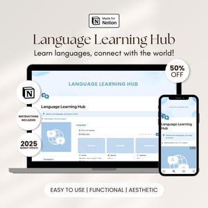 Pode incluir: Anúncio digital de uma plataforma de aprendizagem de idiomas, exibido em um laptop e um smartphone. O texto diz "Language Learning Hub" e "Learn languages, connect with the world!" com uma promoção de 50% de desconto.
