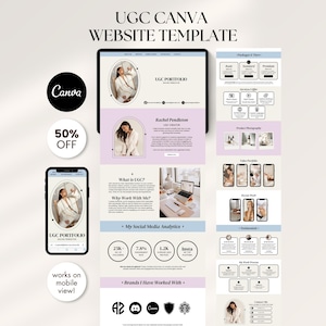 Puede incluir: Plantilla de sitio web de Canva para portafolios UGC, mostrada en tableta y teléfono. El diseño presenta una promoción del 50% de descuento y muestra análisis de redes sociales. La plantilla incluye marcas con las que se ha trabajado.