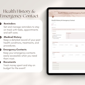 May include: A digital tablet displaying a health history and emergency contact form. The form includes sections for reminders, medical history, emergency contacts, and documents. The form is designed to help users keep track of their health information and important contacts.