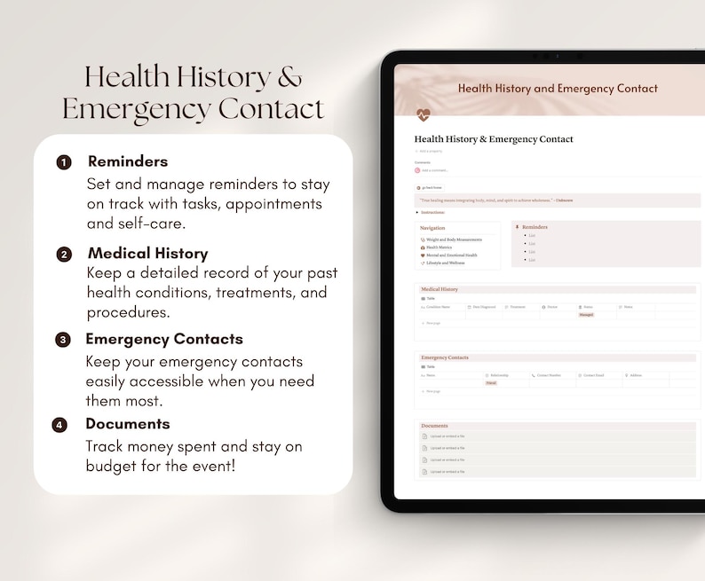 May include: A digital tablet displaying a health history and emergency contact form. The form includes sections for reminders, medical history, emergency contacts, and documents. The form is designed to help users keep track of their health information and important contacts.